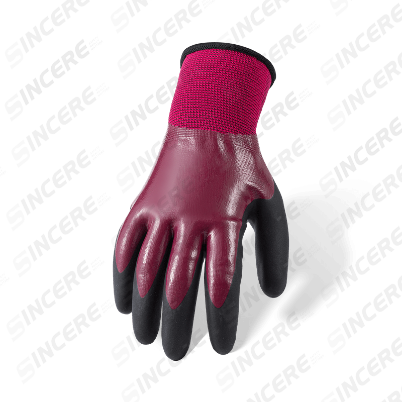 Gants thermiques imperméables en polyester double face calibre 13 — trempage complet en nitrile violet avec paume en micro-mousse noire, doublure polaire 10 g