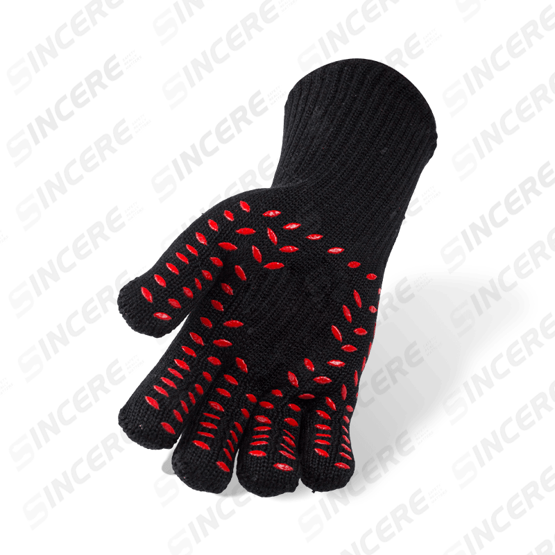 Gants en aramide noir calibre 7 avec doublure 100 % coton et revêtement en silicone double face — Résistant à la chaleur niveau 2 avec protection contre les coupures