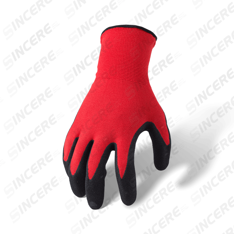 Gants de travail en polyester nitrile Sandy Palm de calibre 13 — doublure rouge, poignée noire