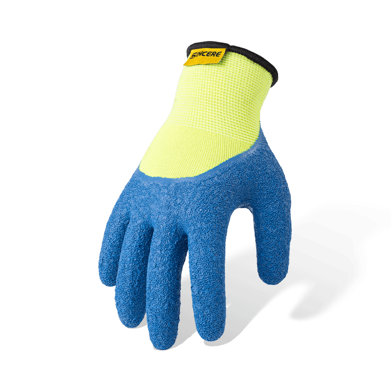 Gants de travail crinkle 3/4 en polyester et latex calibre 13 — Jaune haute visibilité Gants de travail crinkle 3/4 en polyester et latex calibre 13 — Jaune haute visibilité