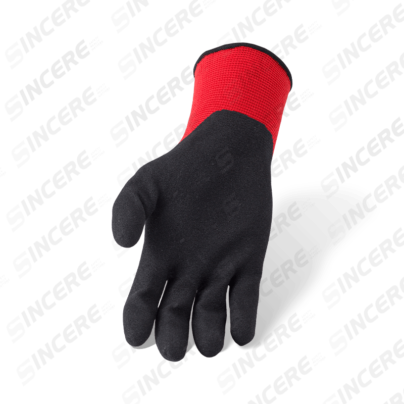 Gants de travail en polyester nitrile Sandy Palm de calibre 13 — doublure rouge, poignée noire Gants de travail en polyester nitrile Sandy Palm de calibre 13 — doublure rouge, poignée noire