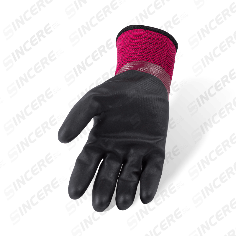 Gants thermiques imperméables en polyester double face calibre 13 — trempage complet en nitrile violet avec paume en micro-mousse noire, doublure polaire 10 g