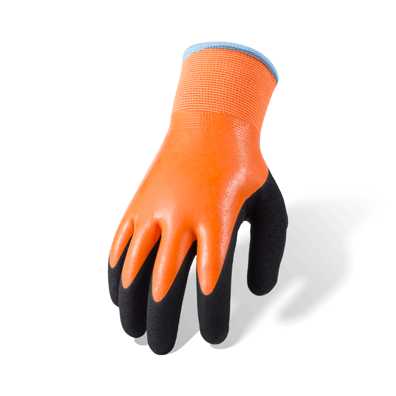 Gants en polyester de calibre 13 entièrement enduits de latex orange avec renfort de pouce en sable noir et doublure en polaire thermique