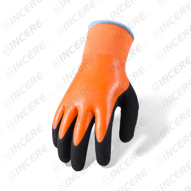 Gants en polyester de calibre 13 entièrement enduits de latex orange avec renfort de pouce en sable noir et doublure en polaire thermique