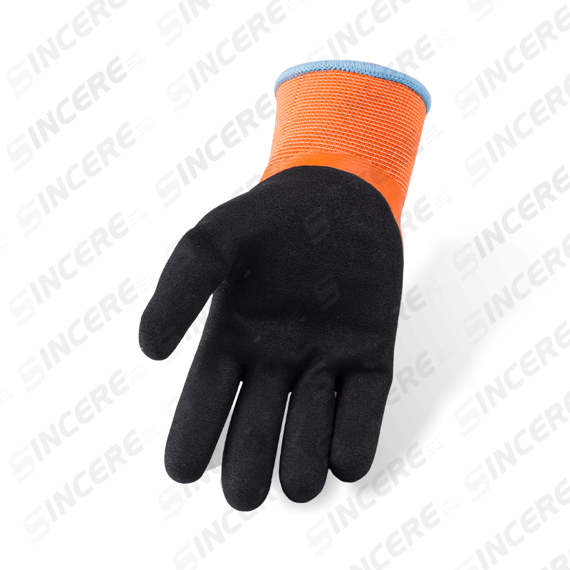 Gants en polyester de calibre 13 entièrement enduits de latex orange avec renfort de pouce en sable noir et doublure en polaire thermique