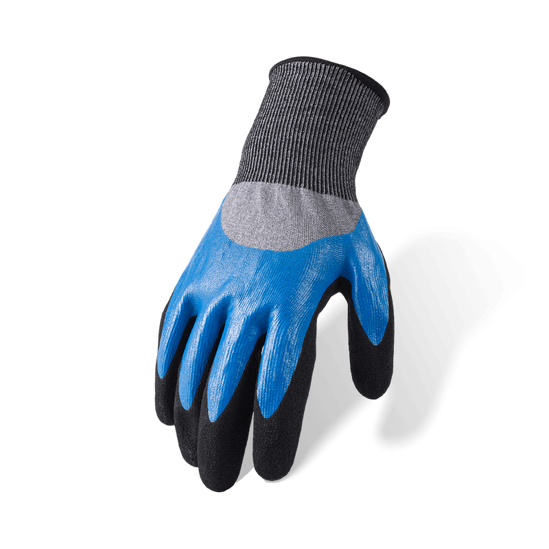 Gants résistants aux coupures ANSI A6 calibre 18 — Nitrile bleu lisse 3/4 trempage avec surcouche de palmier sable noir Gants résistants aux coupures ANSI A6 calibre 18 — Nitrile bleu lisse 3/4 trempage avec surcouche de palmier sable noir