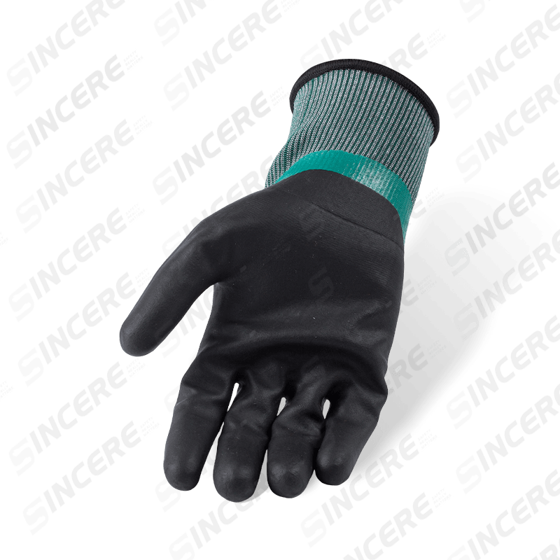 Gants résistants aux coupures ANSI A4 calibre 21 — Trempage lisse en nitrile complet avec renfort de pouce en sable noir, imperméables Gants résistants aux coupures ANSI A4 calibre 21 — Trempage lisse en nitrile complet avec renfort de pouce en sable noir, imperméables