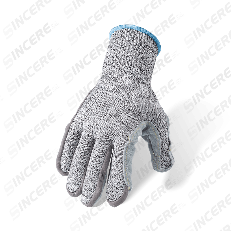 Gants résistants aux coupures ANSI A6 de calibre 13 avec construction cousue à la paume en cuir de vachette pleine fleur