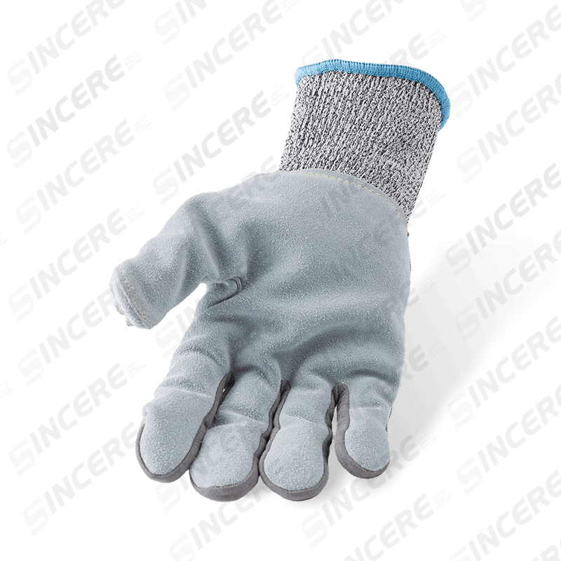 Gants résistants aux coupures ANSI A6 de calibre 13 avec construction cousue à la paume en cuir de vachette pleine fleur Gants résistants aux coupures ANSI A6 de calibre 13 avec construction cousue à la paume en cuir de vachette pleine fleur