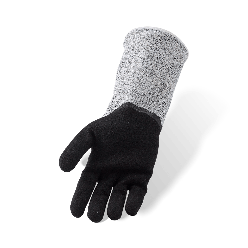 Gants résistants aux coupures ANSI A6 de calibre 13 avec manchette allongée et paume de sable en nitrile noir