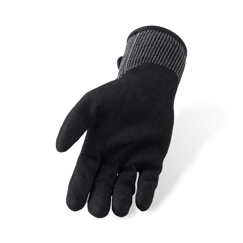 Gants résistants aux coupures ANSI A5 de calibre 13 avec paume en nitrile noir Sandy et poignet velcro réglable Gants résistants aux coupures ANSI A5 de calibre 13 avec paume en nitrile noir Sandy et poignet velcro réglable