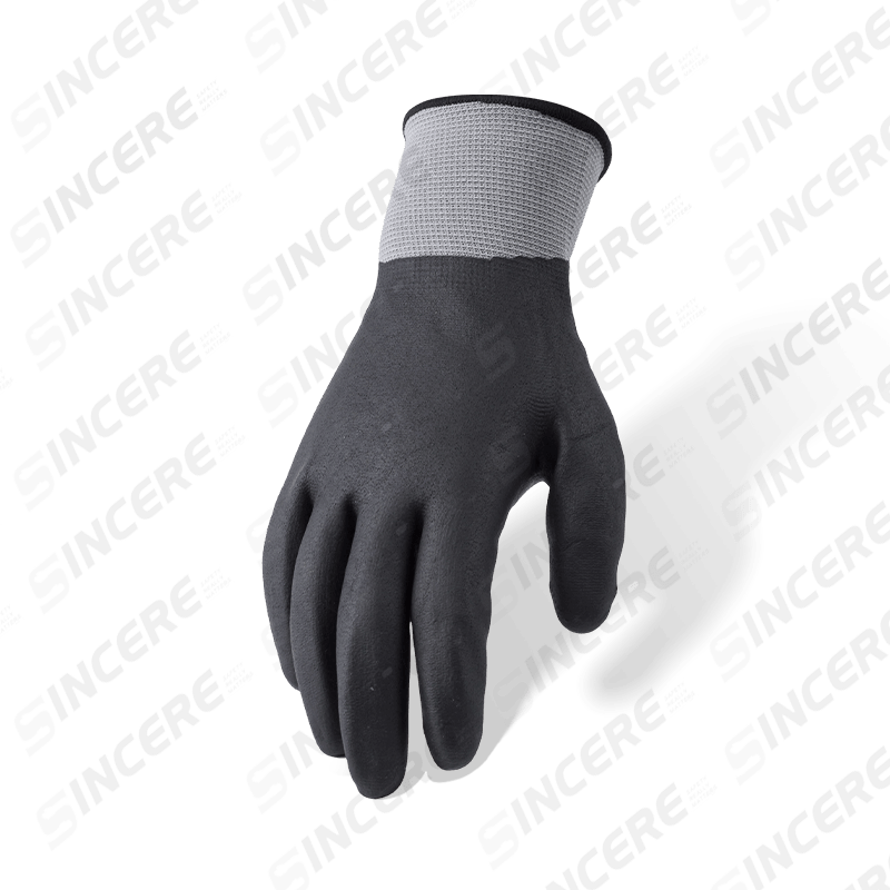 Gants en micro-mousse en nitrile noir entièrement enduits de polyester de calibre 15 — imperméables et résistants à l'huile