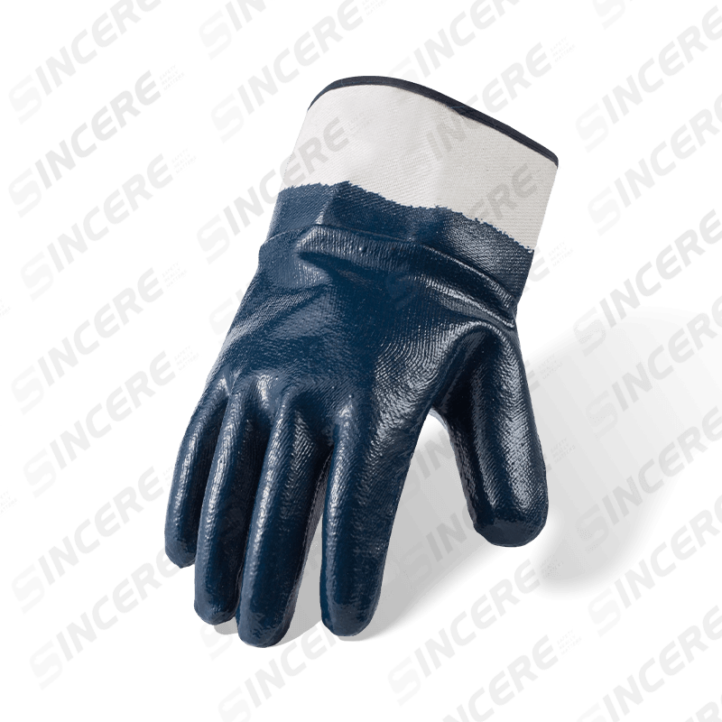 Gants de travail en coton polaire 7 calibres doublés de nitrile bleu entièrement enduits — Lisses, imperméables, résistants à l'huile et aux produits chimiques