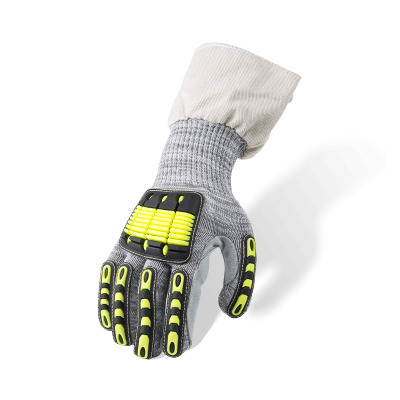 Gants résistants aux coupures ANSI A5 de calibre 13 avec paume en cuir pleine fleur, dos de main TPR et manchette en toile — Mécanique robuste Gants résistants aux coupures ANSI A5 de calibre 13 avec paume en cuir pleine fleur, dos de main TPR et manchette en toile — Mécanique robuste