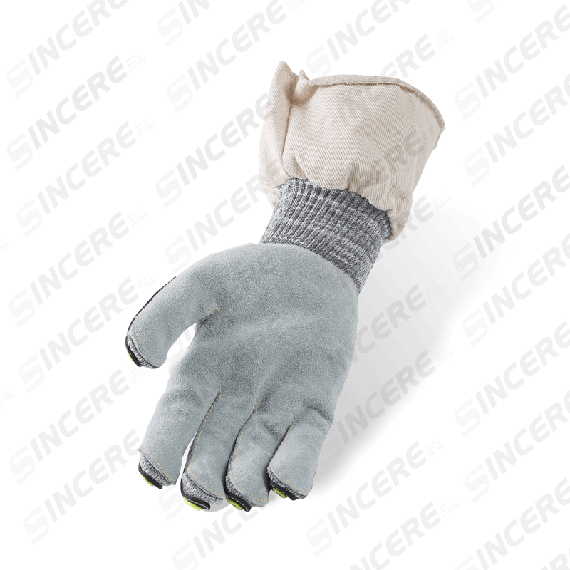 Gants résistants aux coupures ANSI A5 de calibre 13 avec paume en cuir pleine fleur, dos de main TPR et manchette en toile — Mécanique robuste Gants résistants aux coupures ANSI A5 de calibre 13 avec paume en cuir pleine fleur, dos de main TPR et manchette en toile — Mécanique robuste