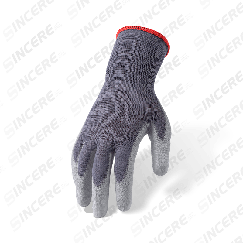 Gants en nylon gris calibre 13 avec revêtement de paume en PU gris — Gants de travail de précision légers