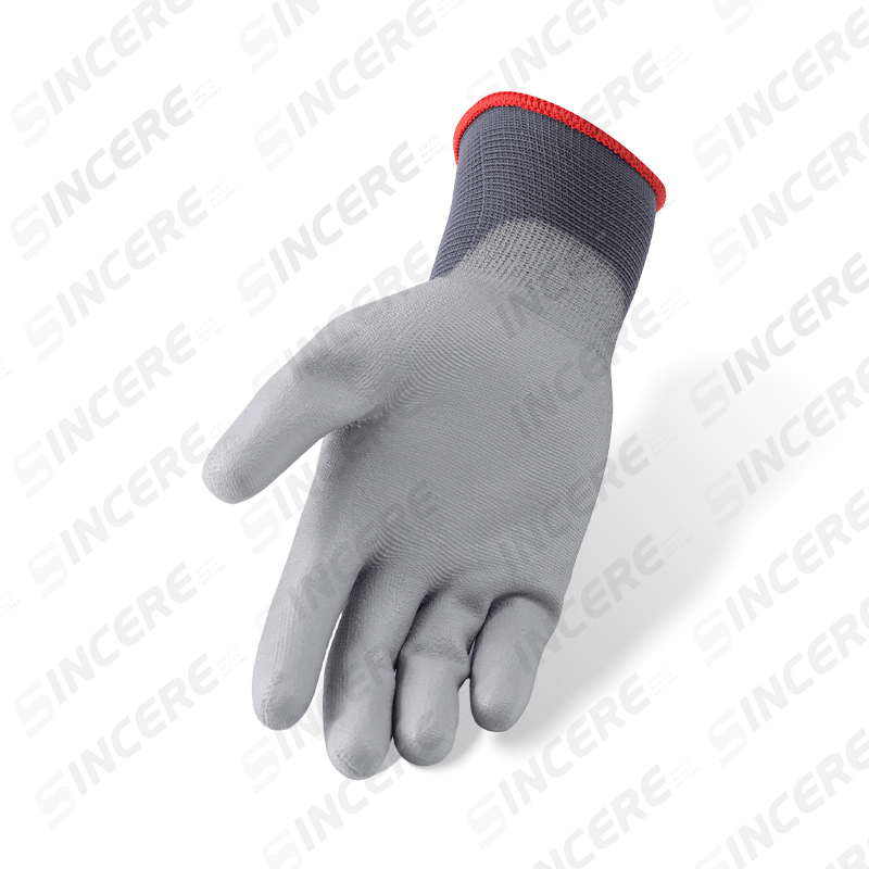 Gants en nylon gris calibre 13 avec revêtement de paume en PU gris — Gants de travail de précision légers