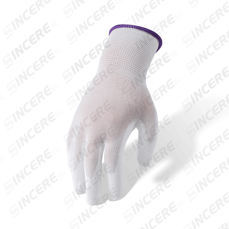 Gants en nylon blanc calibre 13 avec revêtement de paume en PU blanc — Gants de travail de précision pour salle blanche