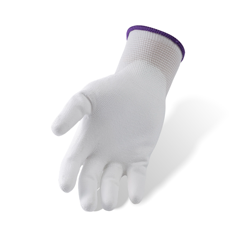 Gants en nylon blanc calibre 13 avec revêtement de paume en PU blanc — Gants de travail de précision pour salle blanche