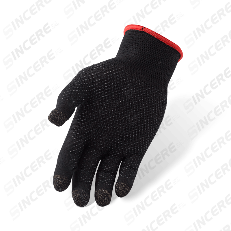 Gants en nylon noir calibre 13 avec bout des doigts à écran tactile en fibre de carbone et paume à pois en PVC — Compatible écran tactile