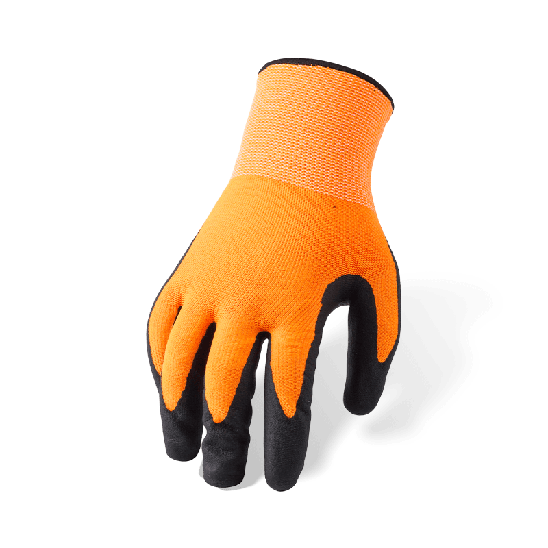 Gants en nylon et élasthanne orange calibre 15 avec paume en micro-mousse de nitrile noir — Gants de travail de précision haute visibilité