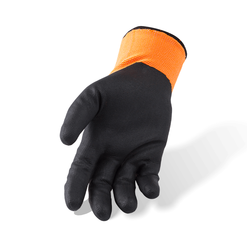 Gants en nylon et élasthanne orange calibre 15 avec paume en micro-mousse de nitrile noir — Gants de travail de précision haute visibilité