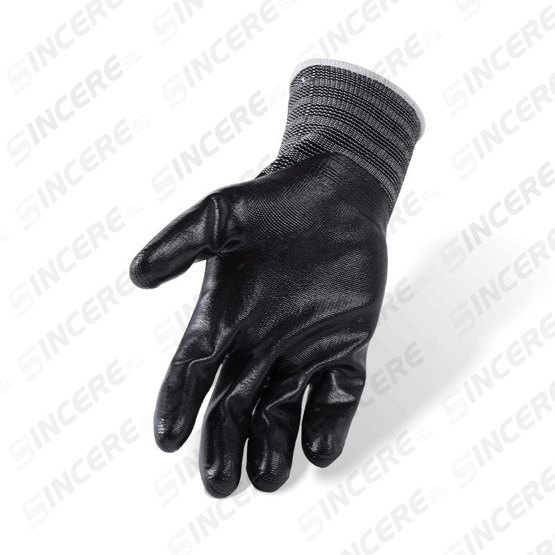 Gants en nylon noir calibre 13 avec revêtement en nitrile noir lisse — gants de travail polyvalents résistants à l'huile