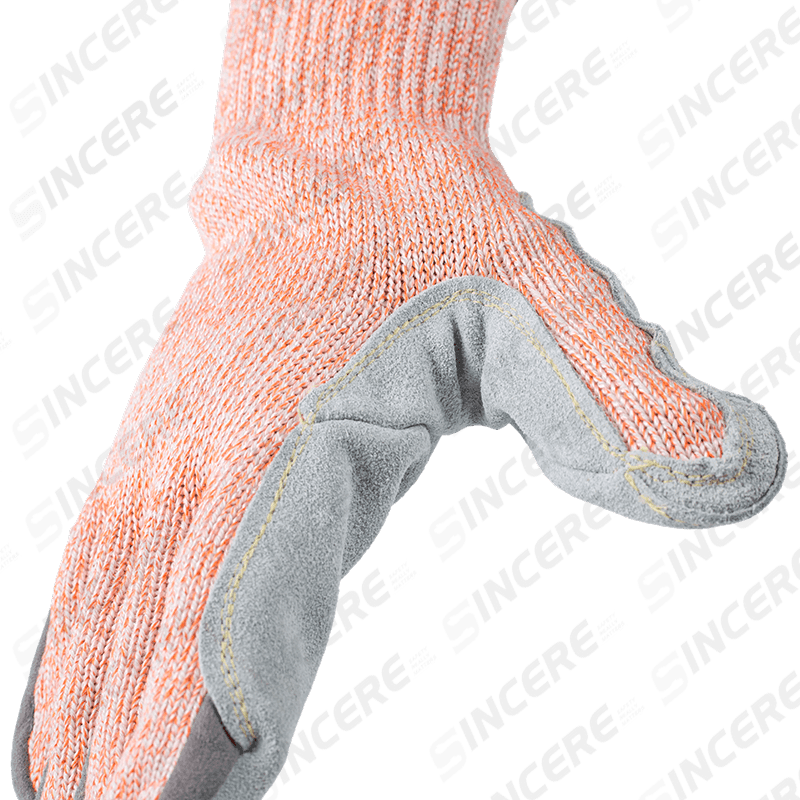 Gants résistants aux coupures ANSI A9 de calibre 7 avec paume en cuir pleine fleur et entrejambe renforcé pour le pouce — Protection maximale contre les coupures Gants résistants aux coupures ANSI A9 de calibre 7 avec paume en cuir pleine fleur et entrejambe renforcé pour le pouce — Protection maximale contre les coupures