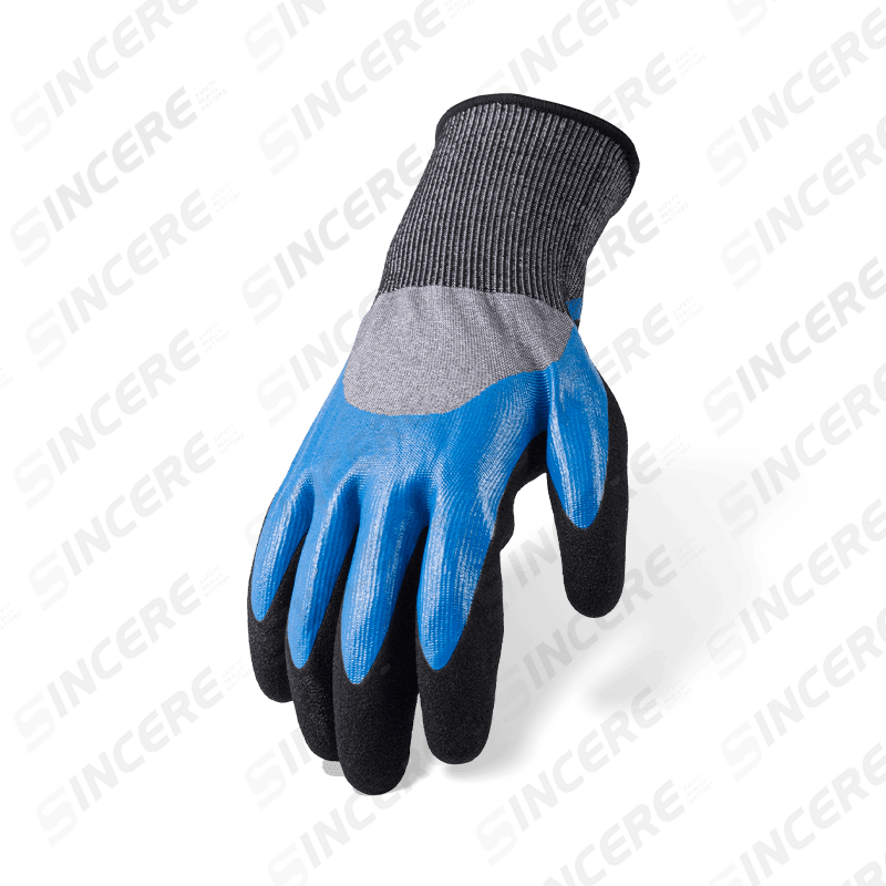 Gants résistants aux coupures ANSI A5 calibre 18 — Nitrile bleu lisse 3/4 trempage avec surcouche de palmier sable noir