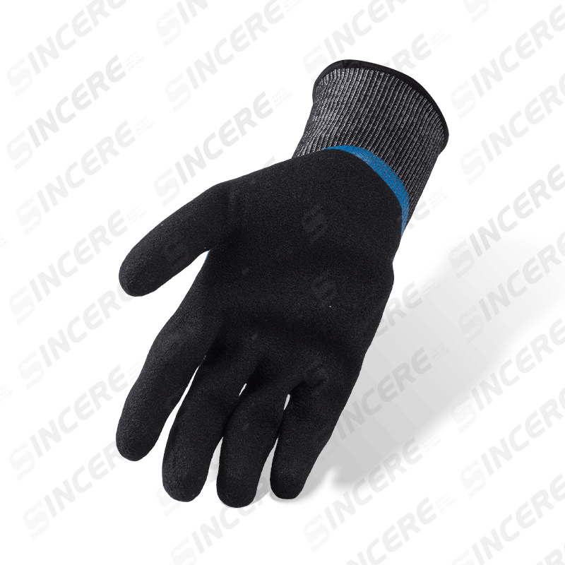 Gants résistants aux coupures ANSI A5 calibre 18 — Nitrile bleu lisse 3/4 trempage avec surcouche de palmier sable noir Gants résistants aux coupures ANSI A5 calibre 18 — Nitrile bleu lisse 3/4 trempage avec surcouche de palmier sable noir