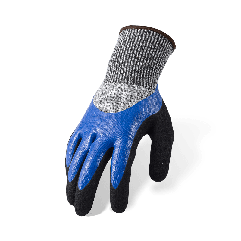 Gants résistants aux coupures ANSI A4 de calibre 13 — trempage 3/4 lisse en nitrile bleu avec paume de sable noire et renfort complet du pouce Gants résistants aux coupures ANSI A4 de calibre 13 — trempage 3/4 lisse en nitrile bleu avec paume de sable noire et renfort complet du pouce