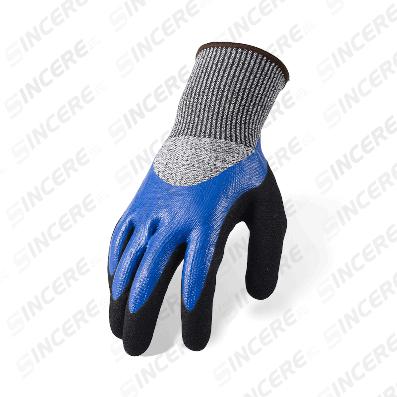 Gants résistants aux coupures ANSI A4 de calibre 13 — trempage 3/4 lisse en nitrile bleu avec paume de sable noire et renfort complet du pouce