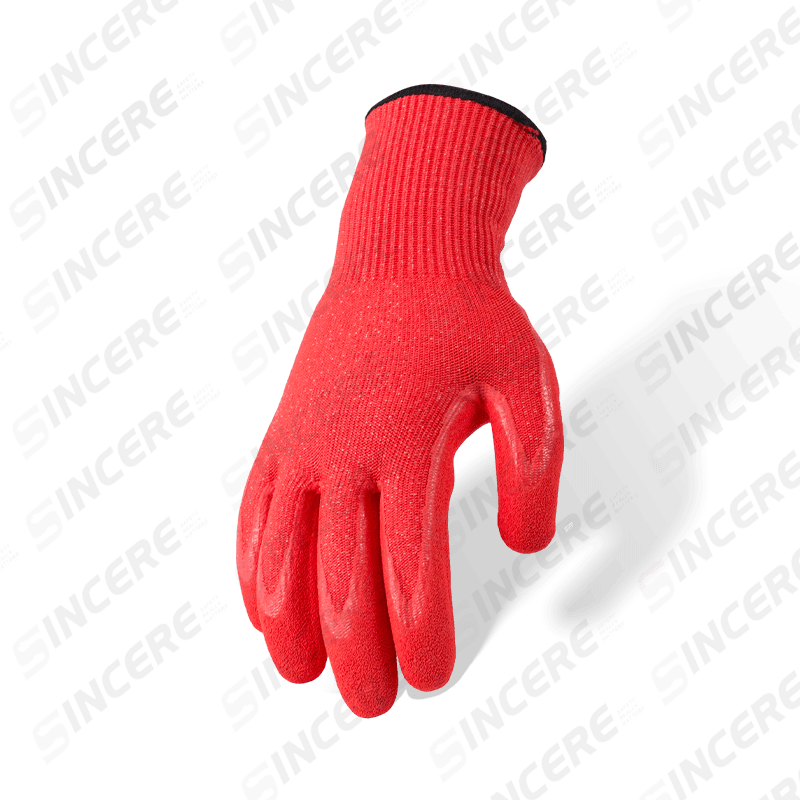 Gants ANSI A3 de calibre 13 résistants aux coupures avec revêtement en nitrile rouge Sandy Palm — protection contre les coupures moyennes