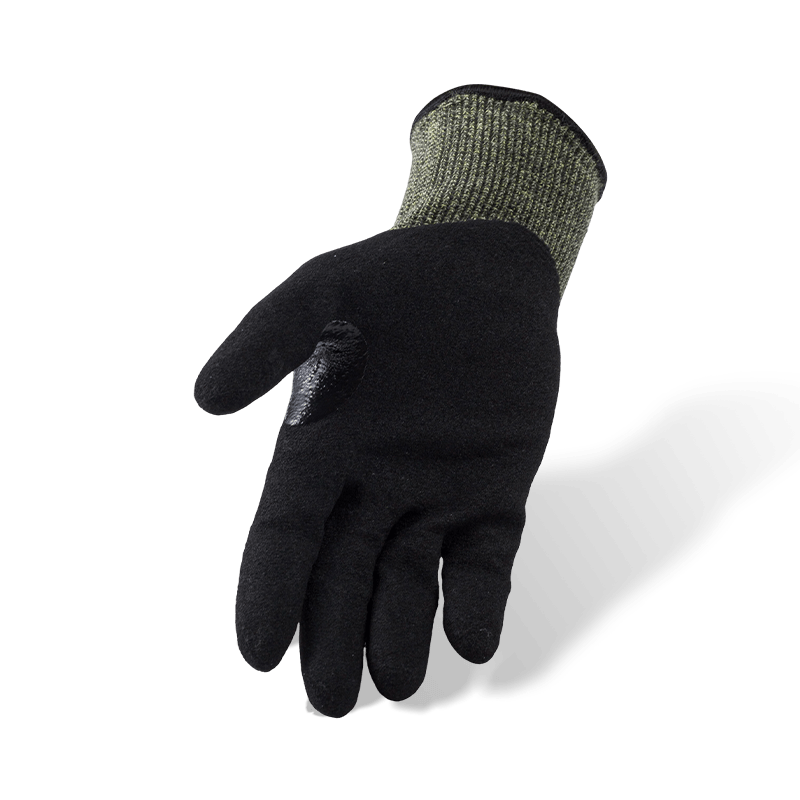 Gants anti-coupures Aramid ANSI A6 calibre 15 avec paume Sandy en nitrile noir et entrejambe renforcé pour le pouce