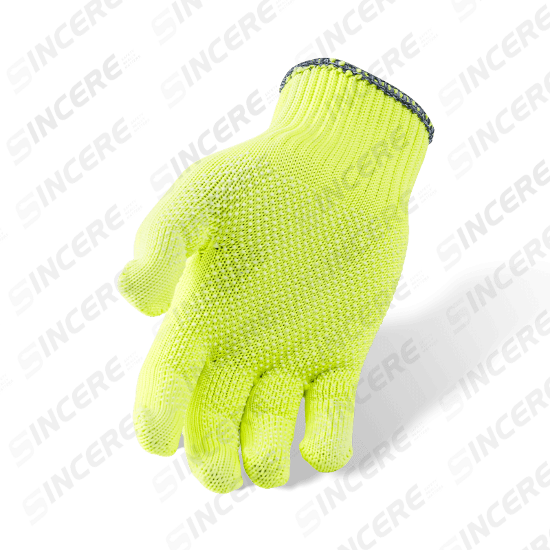Gants en polyester jaune fluorescent haute visibilité de calibre 10 avec paume à pois en PVC — Gants à poignée générale haute visibilité