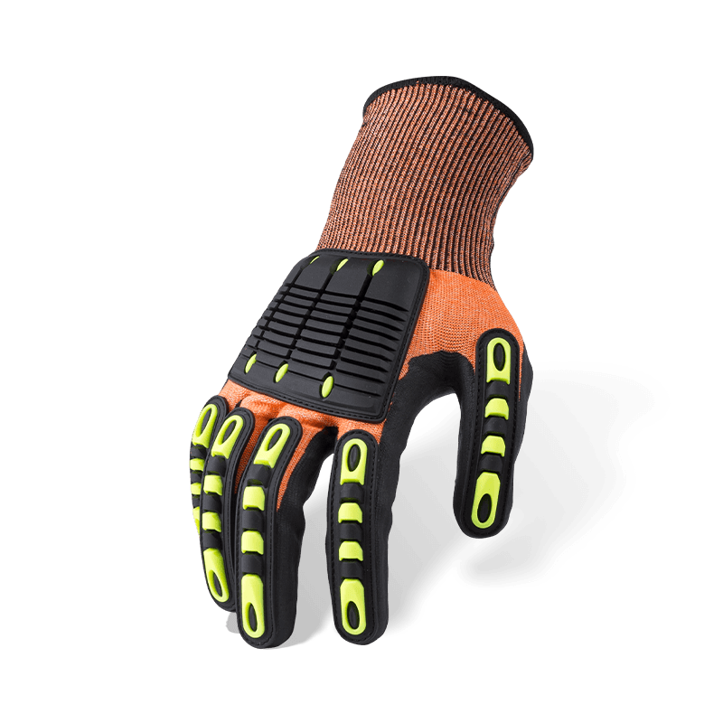 Gants orange ANSI A5 résistants aux coupures de calibre 15 avec paume en micro-mousse de nitrile noir et protection contre les chocs du dos de la main TPR