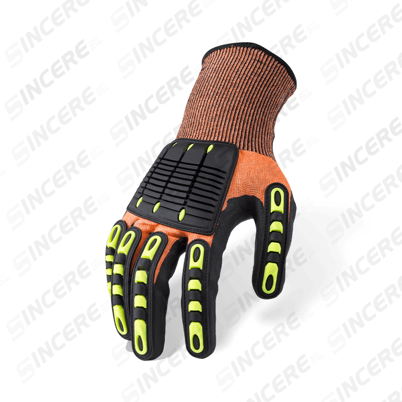 Gants orange ANSI A5 résistants aux coupures de calibre 15 avec paume en micro-mousse de nitrile noir et protection contre les chocs du dos de la main TPR