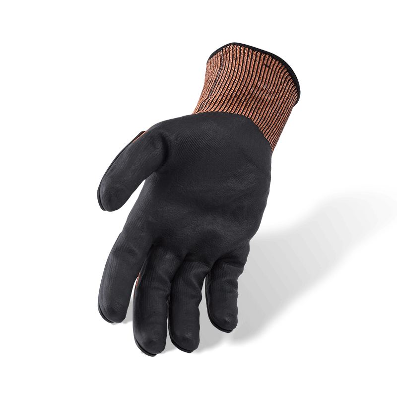 Gants orange ANSI A5 résistants aux coupures de calibre 15 avec paume en micro-mousse de nitrile noir et protection contre les chocs du dos de la main TPR