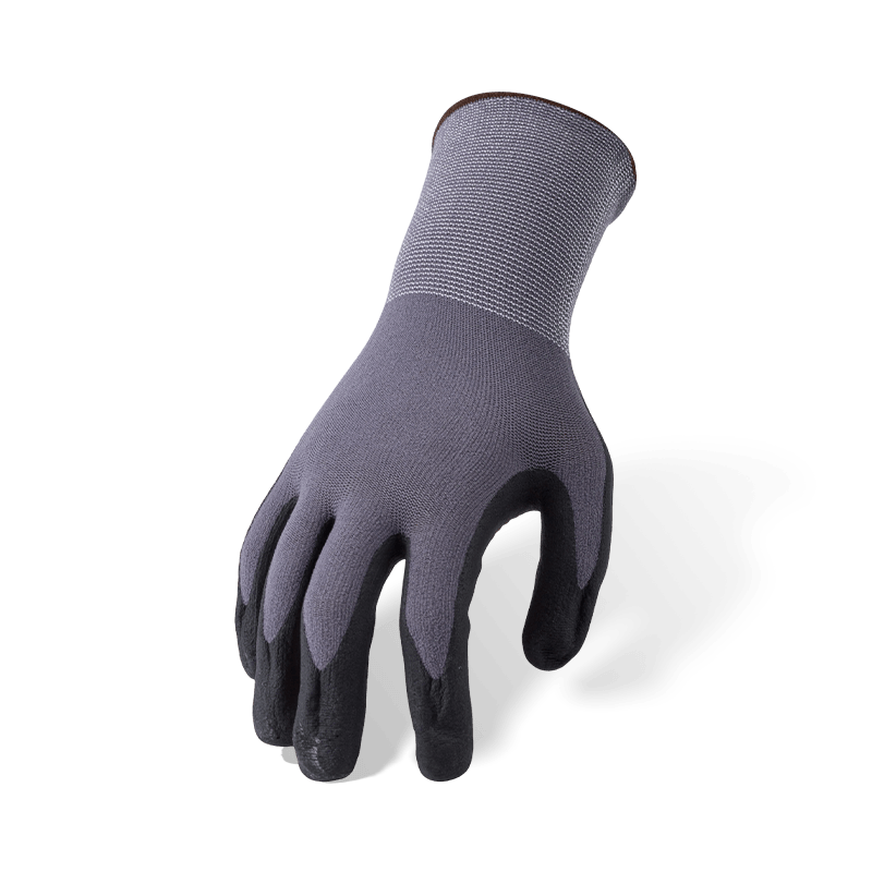 Gants en nylon élasthanne calibre 15 avec paume en micro-mousse de nitrile noir et poignée antidérapante à pois en PVC orange