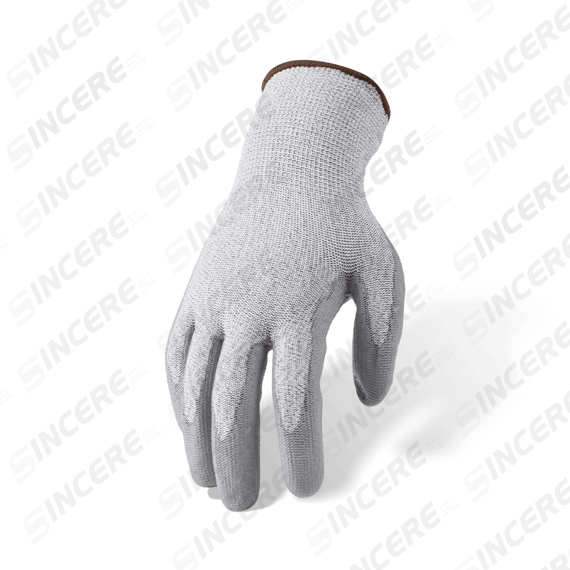 Gants résistants aux coupures ANSI A4 de calibre 13 avec revêtement de paume en PU gris — Protection contre les coupures moyennes à élevées avec prise de précision