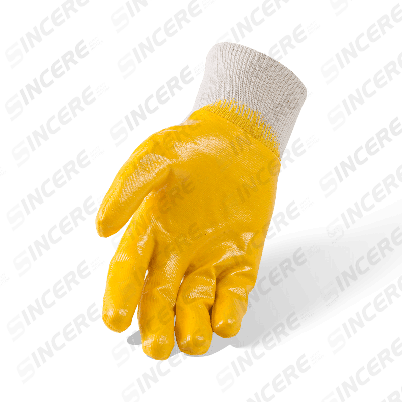 Gants de travail lisses 3/4 trempés en nitrile jaune doublés de polaire de coton de calibre 7 — résistants à l'eau thermique
