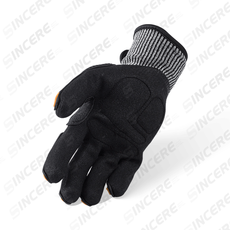Gants résistants aux coupures ANSI A6 de calibre 13 avec paume en nitrile noir Sandy, protection contre les chocs TPR et fermeture réglable du poignet — Mécanique robuste