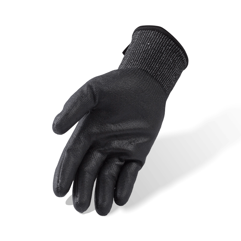 Gants ANSI A6 de calibre 18 résistants aux coupures, avec paume en PU noire et entrejambe renforcé en nitrile — Protection contre les coupures importantes de calibre fin Gants ANSI A6 de calibre 18 résistants aux coupures, avec paume en PU noire et entrejambe renforcé en nitrile — Protection contre les coupures importantes de calibre fin