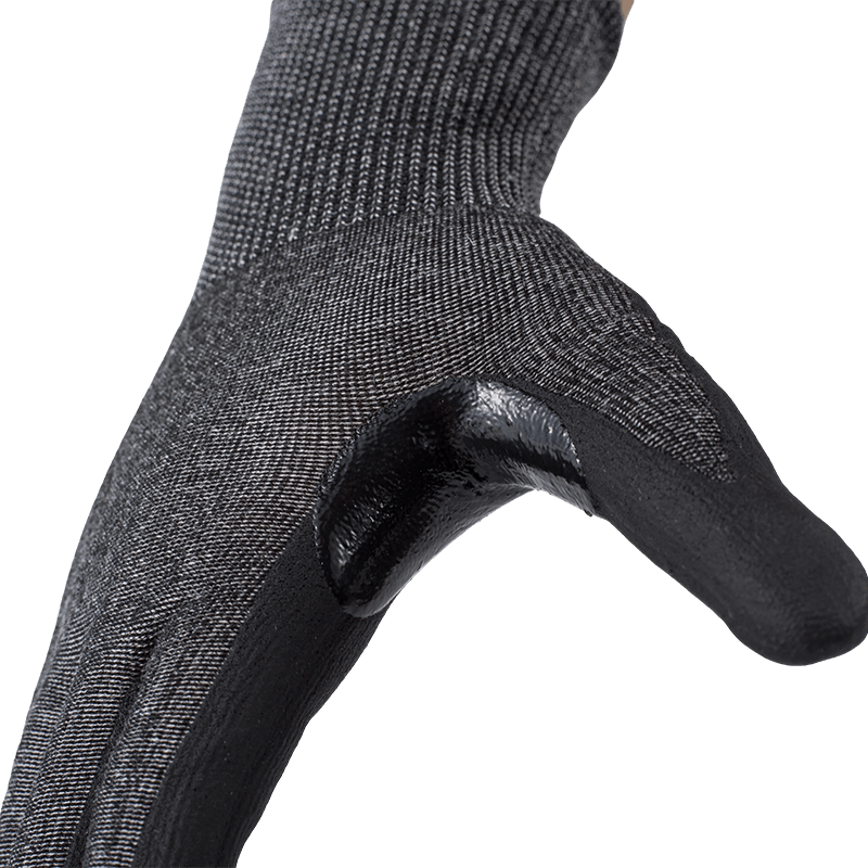Gants ANSI A6 de calibre 18 résistants aux coupures, avec paume en PU noire et entrejambe renforcé en nitrile — Protection contre les coupures importantes de calibre fin Gants ANSI A6 de calibre 18 résistants aux coupures, avec paume en PU noire et entrejambe renforcé en nitrile — Protection contre les coupures importantes de calibre fin
