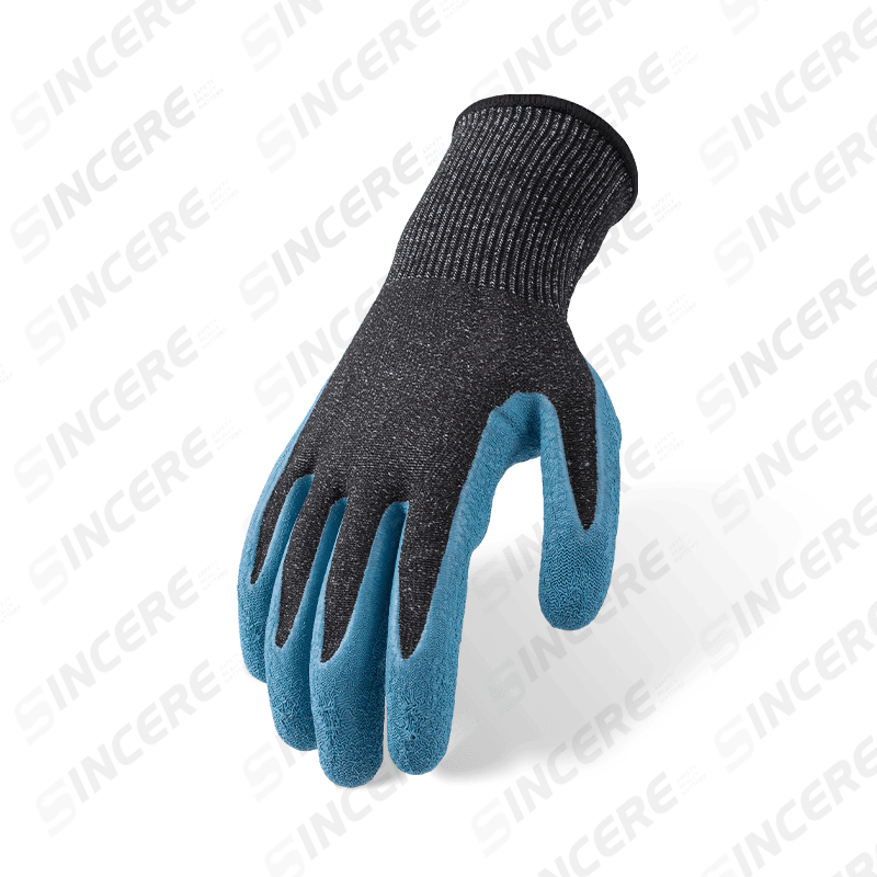 Gants anti-coupures ANSI A6 calibre 13 avec revêtement en latex bleu froissé — Protection anti-coupures importantes contre l'abrasion niveau 3