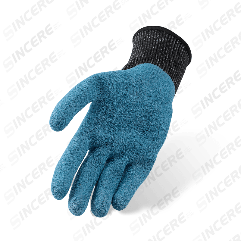 Gants anti-coupures ANSI A6 calibre 13 avec revêtement en latex bleu froissé — Protection anti-coupures importantes contre l'abrasion niveau 3 Gants anti-coupures ANSI A6 calibre 13 avec revêtement en latex bleu froissé — Protection anti-coupures importantes contre l'abrasion niveau 3