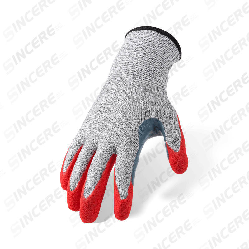 Gants ANSI A3 de calibre 13 résistants aux coupures avec paume en nitrile rouge Sandy et entrejambe de pouce renforcé extra-long Gants ANSI A3 de calibre 13 résistants aux coupures avec paume en nitrile rouge Sandy et entrejambe de pouce renforcé extra-long