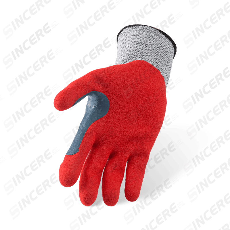 Gants ANSI A3 de calibre 13 résistants aux coupures avec paume en nitrile rouge Sandy et entrejambe de pouce renforcé extra-long Gants ANSI A3 de calibre 13 résistants aux coupures avec paume en nitrile rouge Sandy et entrejambe de pouce renforcé extra-long