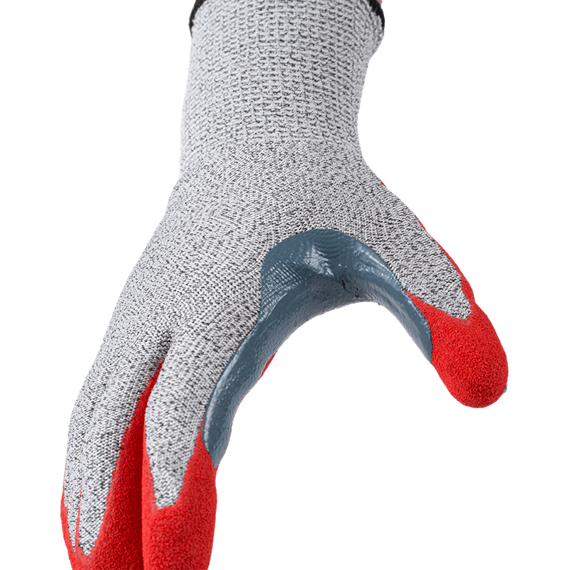 Gants ANSI A3 de calibre 13 résistants aux coupures avec paume en nitrile rouge Sandy et entrejambe de pouce renforcé extra-long Gants ANSI A3 de calibre 13 résistants aux coupures avec paume en nitrile rouge Sandy et entrejambe de pouce renforcé extra-long