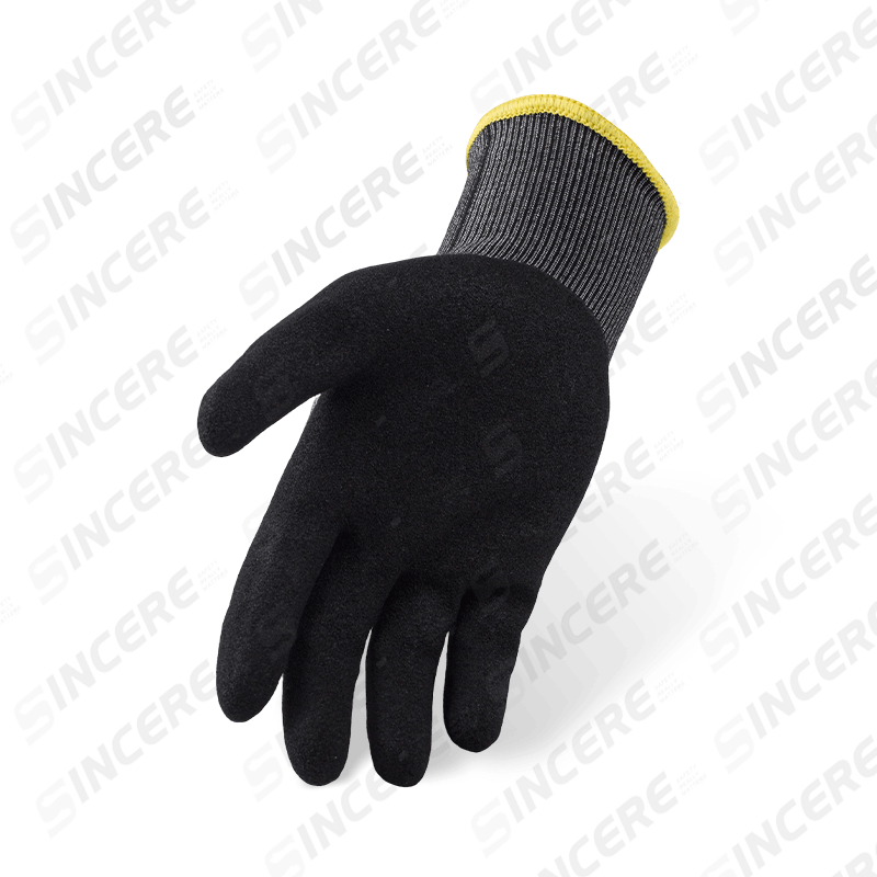Gants ANSI A6 de calibre 18 résistants aux coupures avec palme noire en nitrile Sandy — Protection ultra-fine contre les coupures importantes